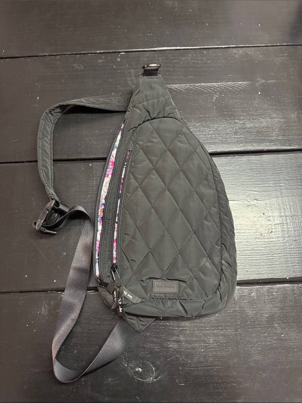 Vera Bradley Black Quilted Crossbody Sling with Floral Trim
